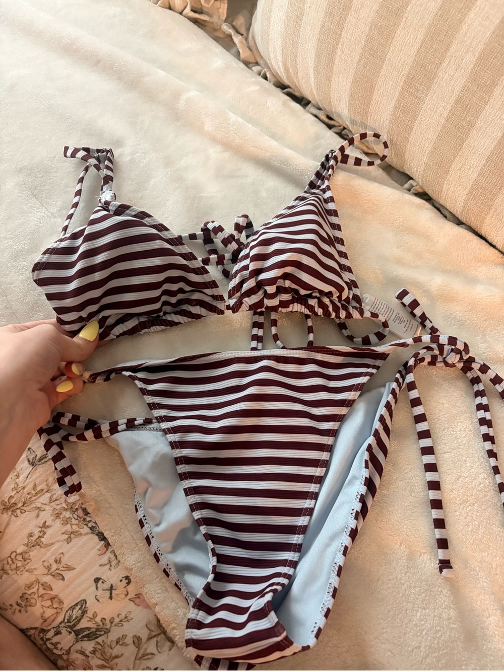 Striped Maroon and White Tie-Side Bikini Set - Women Swim